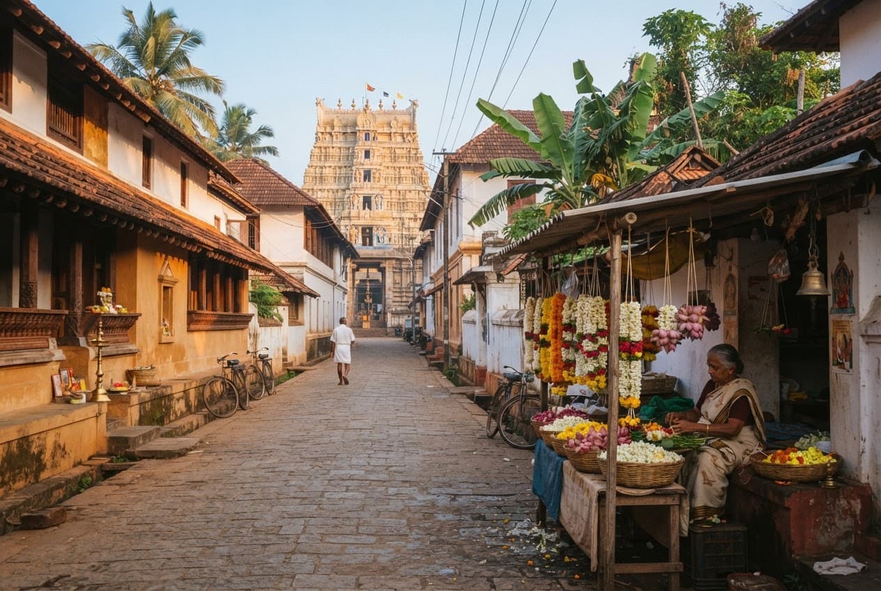 Quiet Guruvayur street near the temple in the early morning