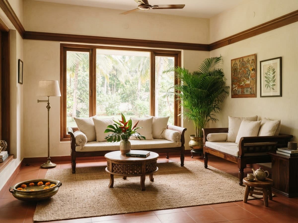 Living room with teak seating and daylight
