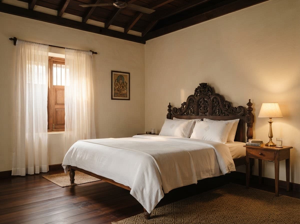 Bedroom with white linen and a carved teak headboard