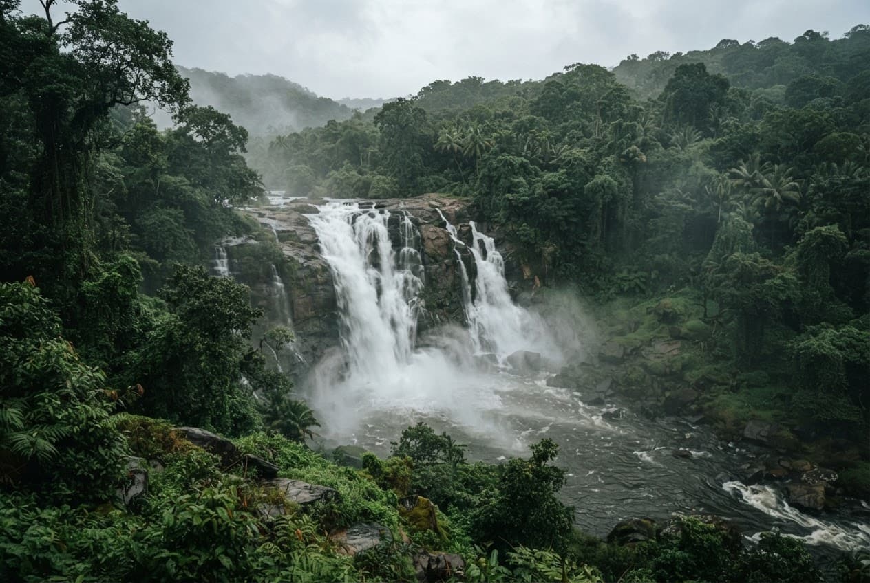 Wide Kerala waterfall in dense rainforest